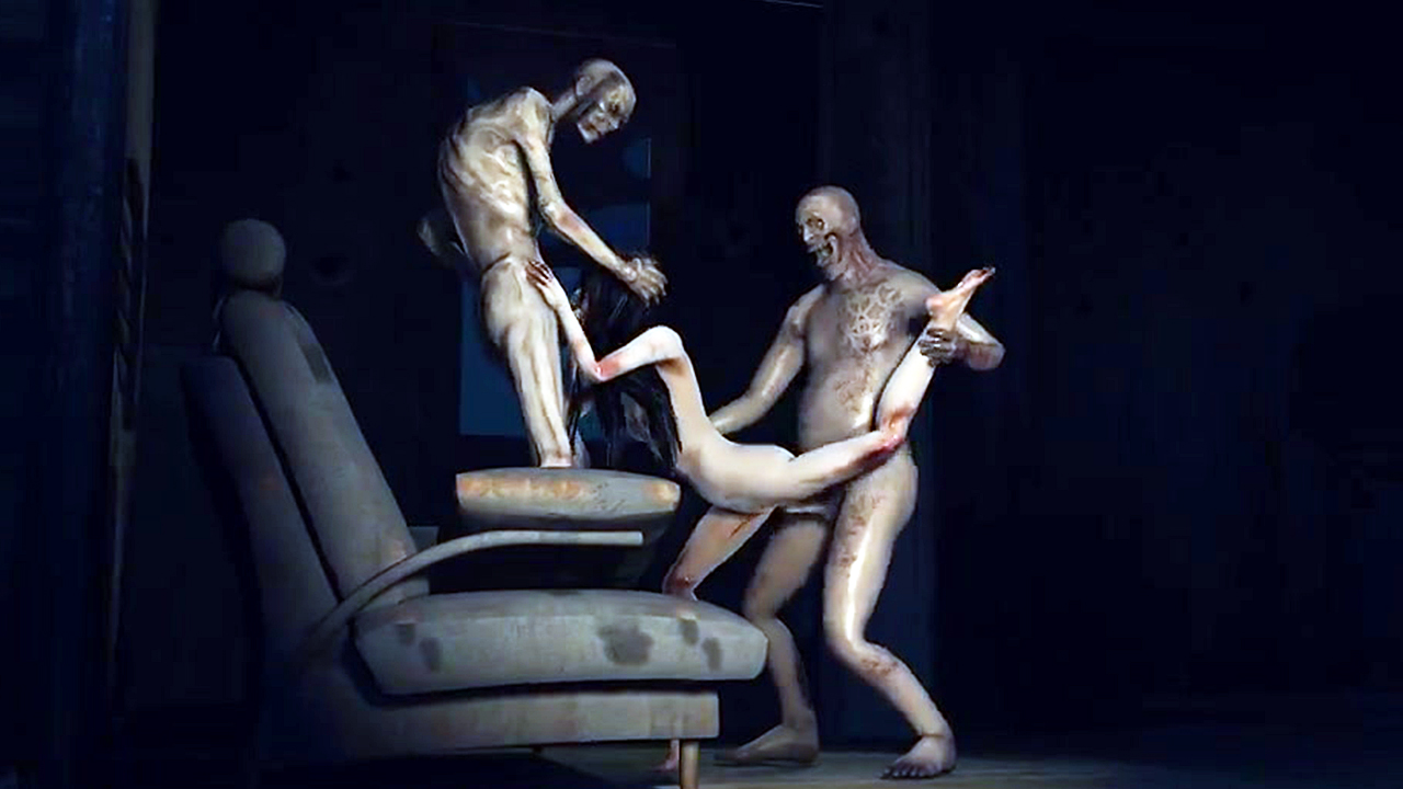 Два зомби-монстра в лесной хижине рвут пизду и глотку ненасытной шлюхе!